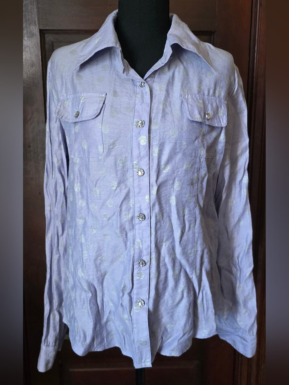 Light Lavender Button-Front Blouse with Silver Dot Accents